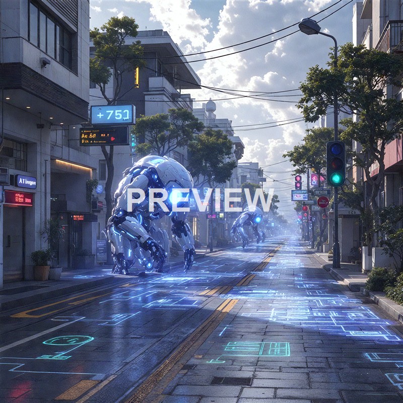 The image depicts a futuristic city street scene with large, humanoid robots walking on the road amid digital holographic markings, with modern buildings, streetlights, and trees lining the street under a partly cloudy sky.